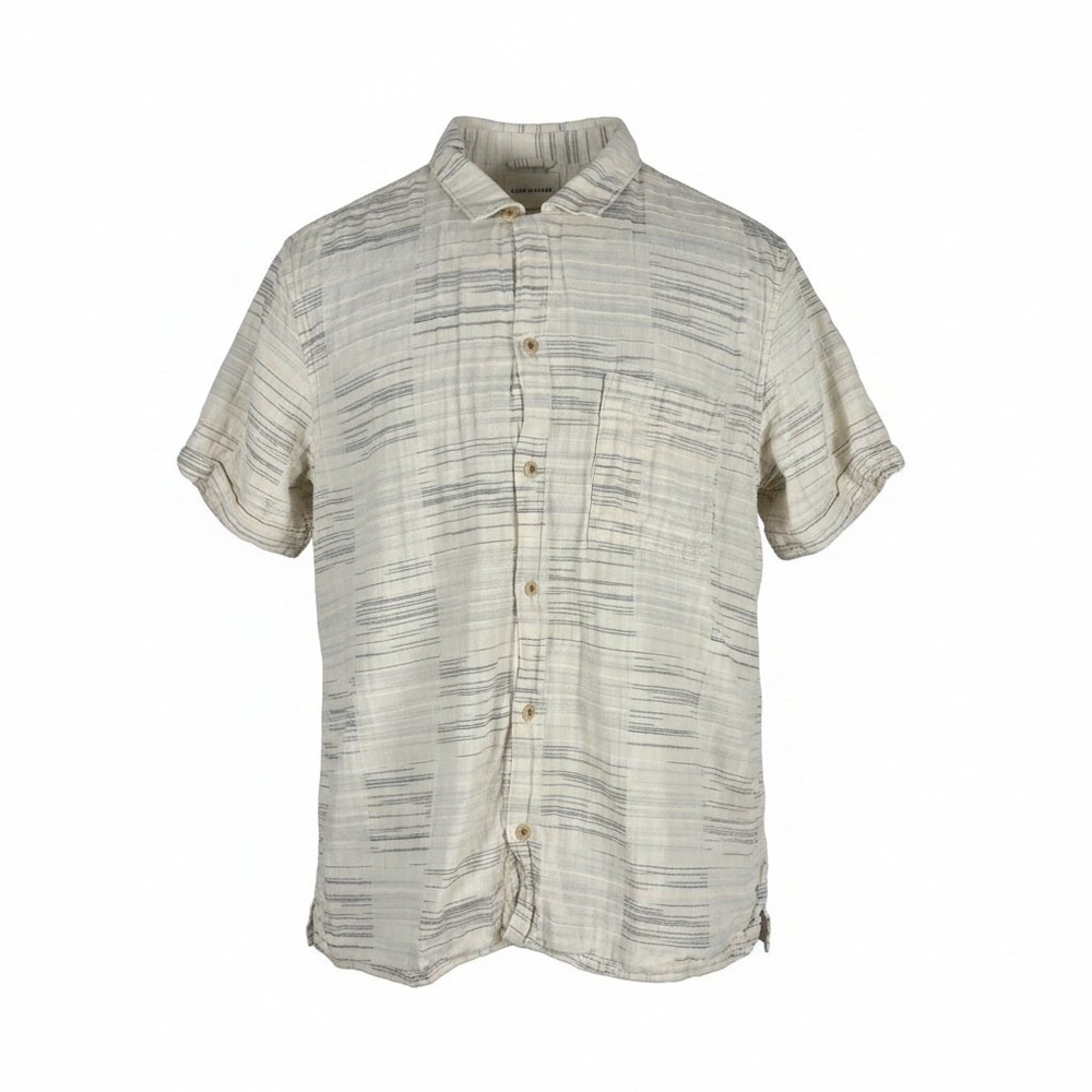 Lucky Brand Mens XL Short Sleeve Button Down Shirt Textured Stripe Cream Blue